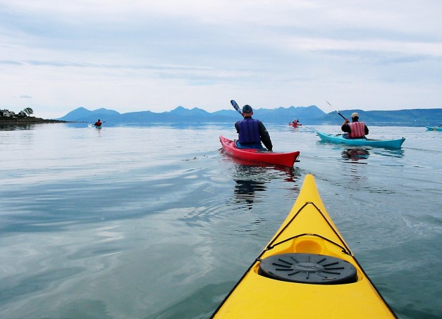 Paddling out from Applecross bay Cuillin Ridge in distance