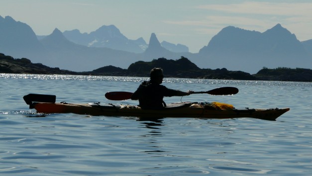 The jumble of mountains on the Arctic mainland viewed from the Lofoten Archipeligo